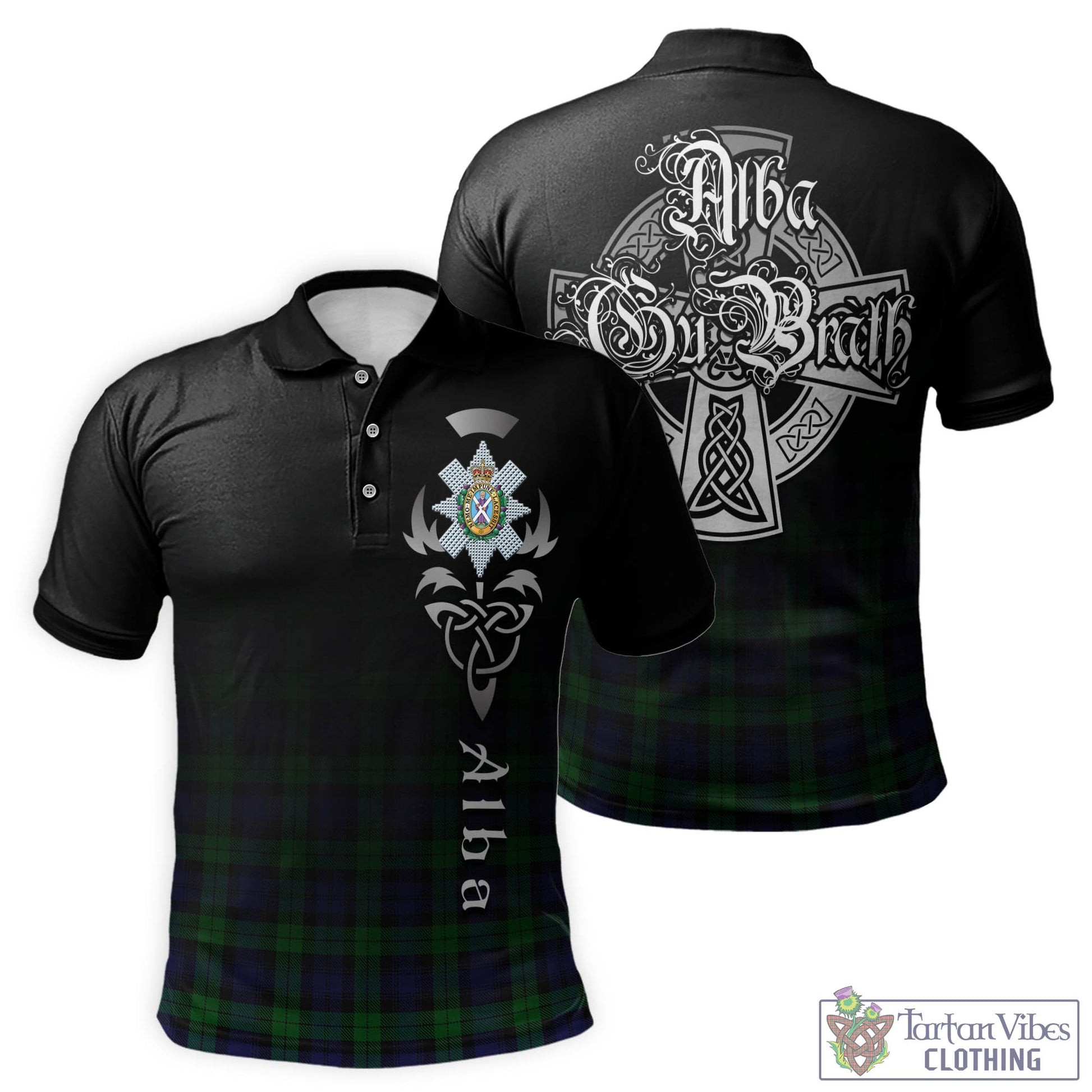 Tartan Vibes Clothing Black Watch Tartan Polo Shirt Featuring Alba Gu Brath Family Crest Celtic Inspired