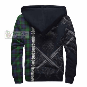 Black Watch Tartan Sherpa Hoodie with Family Crest Cross Sword Thistle Celtic Vibes