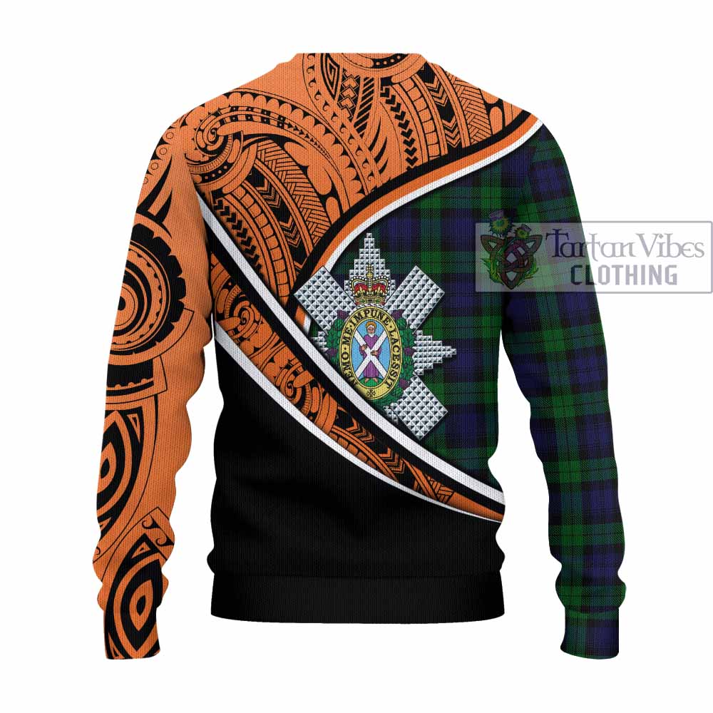 Tartan Vibes Clothing Black Watch Crest Tartan Knitted Sweater with Maori Tattoo Style - Orange Version