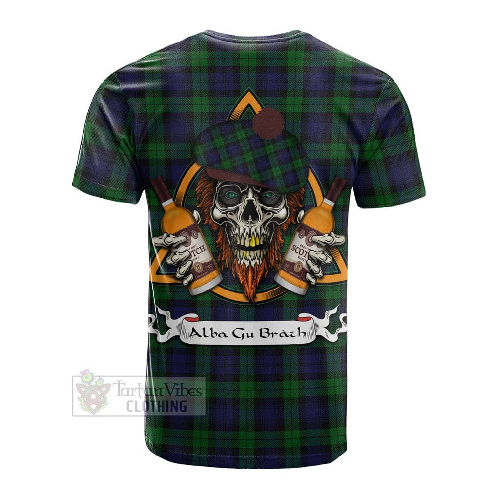 Tartan Vibes Clothing Black Watch Tartan Cotton T-shirt with Family Crest and Bearded Skull Holding Bottles of Whiskey