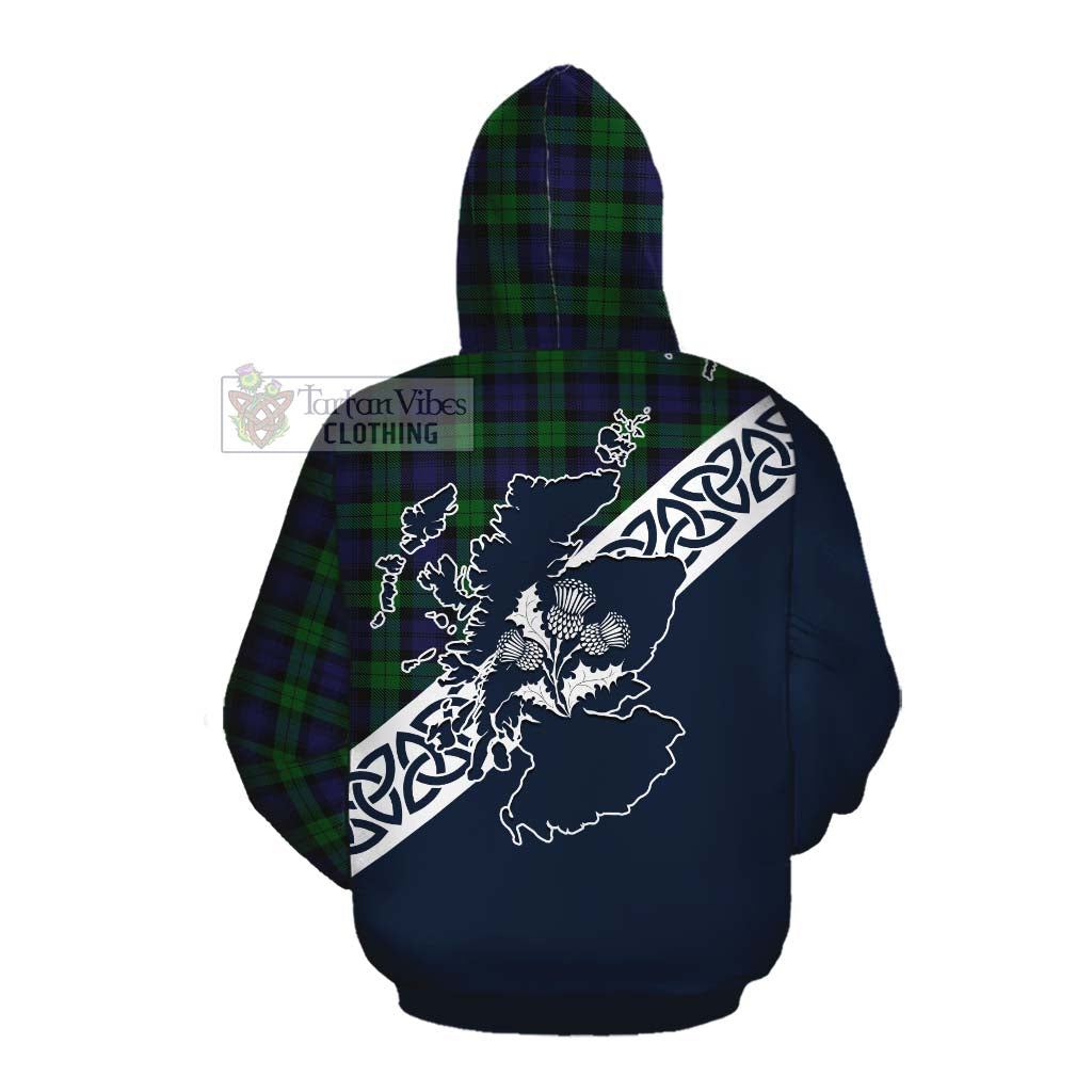 Tartan Vibes Clothing Black Watch Tartan Cotton Hoodie Featuring Thistle and Scotland Map