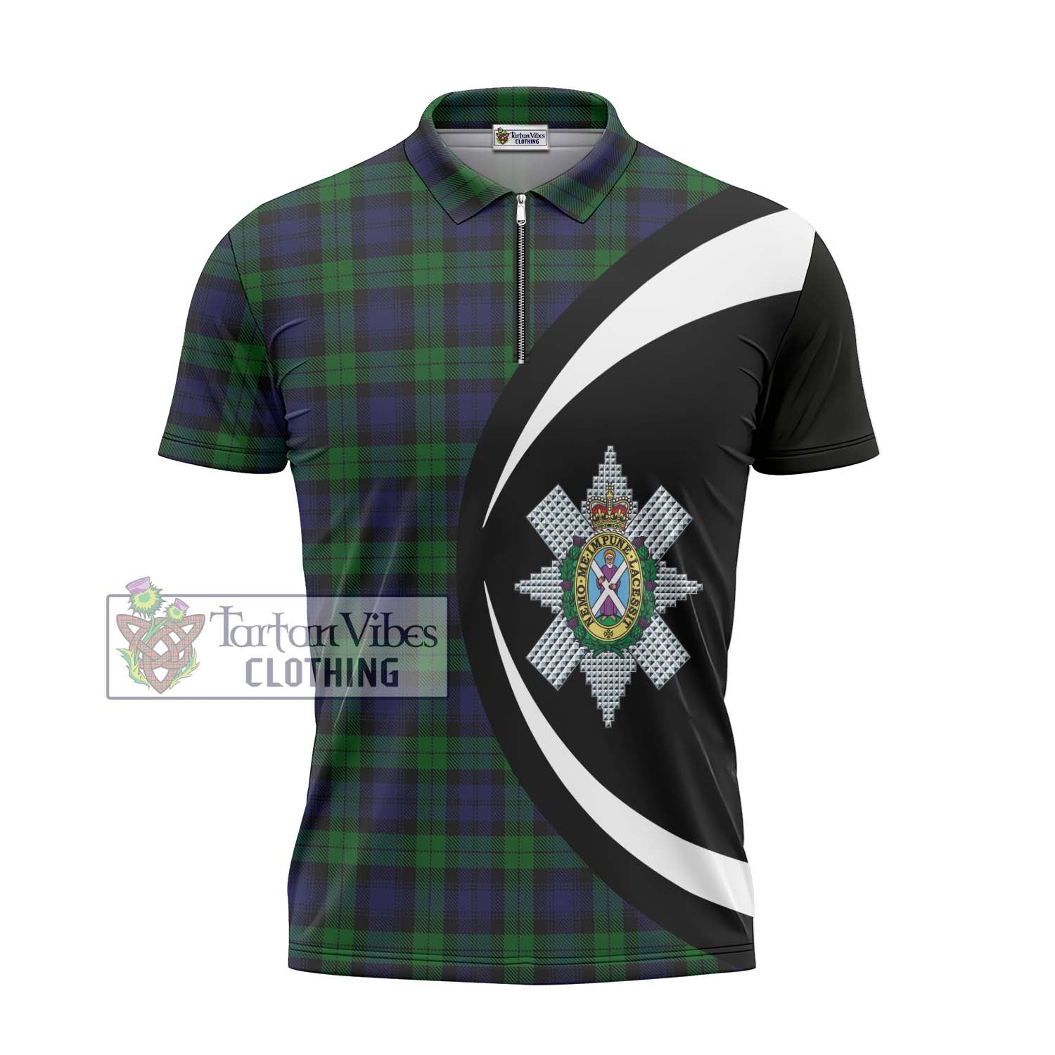 Tartan Vibes Clothing Black Watch Tartan Zipper Polo Shirt with Family Crest Circle Style