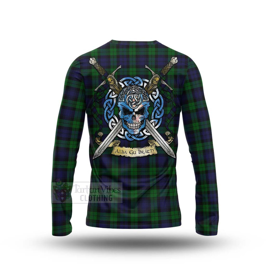 Tartan Vibes Clothing Black Watch Tartan Long Sleeve T-Shirt with Family Crest Celtic Skull Style