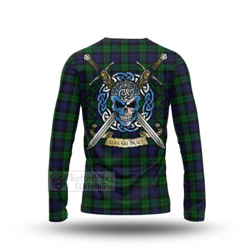 Black Watch Tartan Long Sleeve T-Shirt with Family Crest Celtic Skull Style