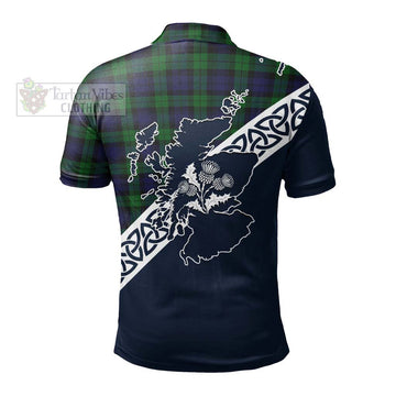 Black Watch Tartan Polo Shirt Featuring Thistle and Scotland Map