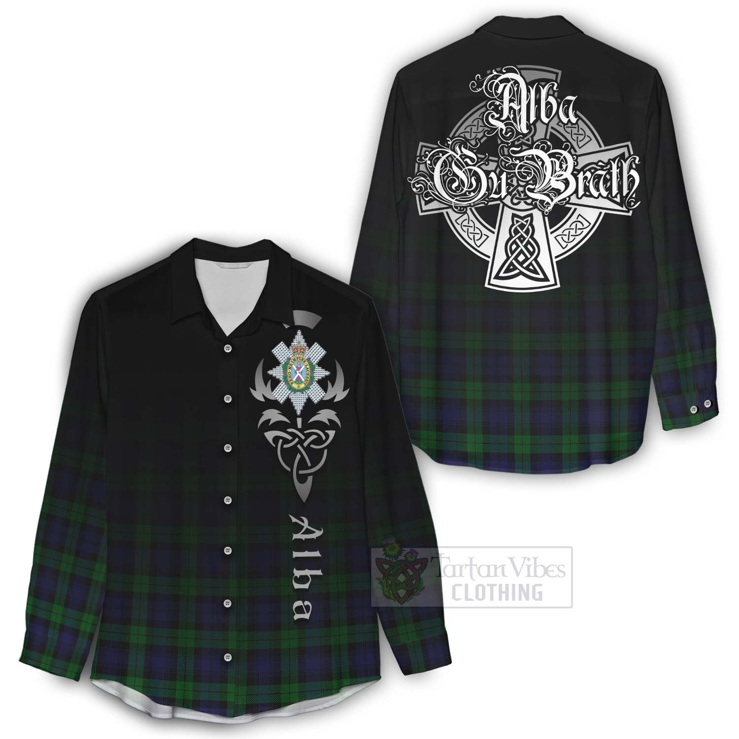 Tartan Vibes Clothing Black Watch Tartan Women's Casual Shirt Featuring Alba Gu Brath Family Crest Celtic Inspired