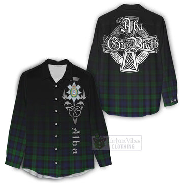 Black Watch Tartan Women's Casual Shirt Featuring Alba Gu Brath Family Crest Celtic Inspired