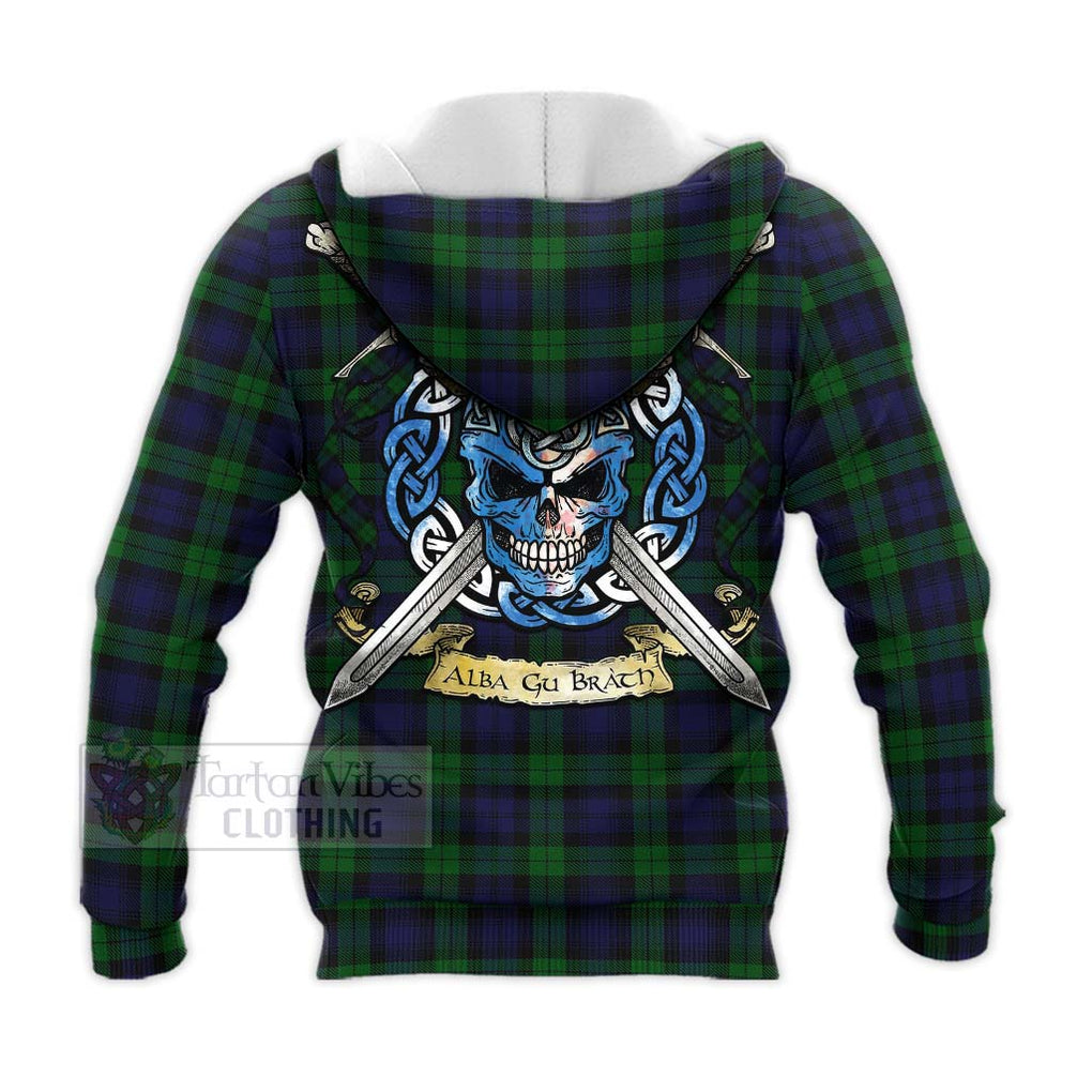 Tartan Vibes Clothing Black Watch Tartan Knitted Hoodie with Family Crest Celtic Skull Style