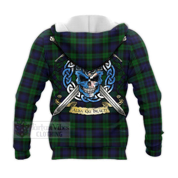 Black Watch Tartan Knitted Hoodie with Family Crest Celtic Skull Style