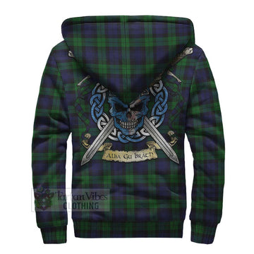 Black Watch Tartan Sherpa Hoodie with Family Crest Celtic Skull Style