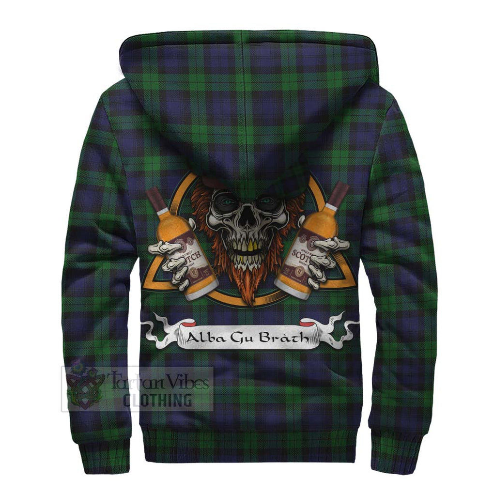 Tartan Vibes Clothing Black Watch Tartan Sherpa Hoodie with Family Crest and Bearded Skull Holding Bottles of Whiskey