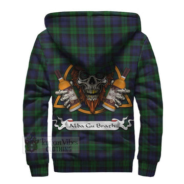 Black Watch Tartan Sherpa Hoodie with Family Crest and Bearded Skull Holding Bottles of Whiskey