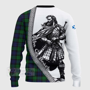 Black Watch Tartan Clan Crest Knitted Sweater with Highlander Warrior Celtic Style