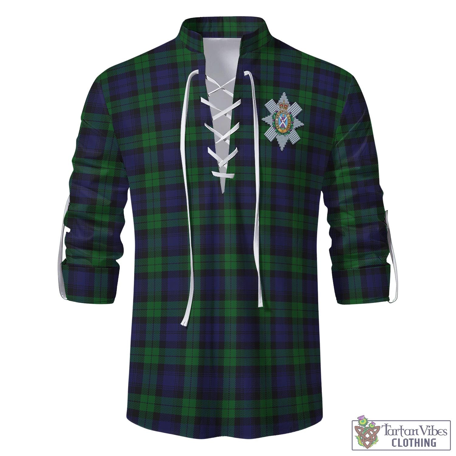 Tartan Vibes Clothing Black Watch Tartan Men's Scottish Traditional Jacobite Ghillie Kilt Shirt with Family Crest