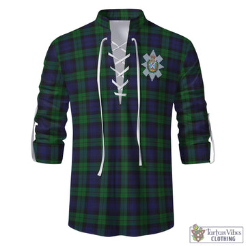 Black Watch Tartan Men's Scottish Traditional Jacobite Ghillie Kilt Shirt with Family Crest