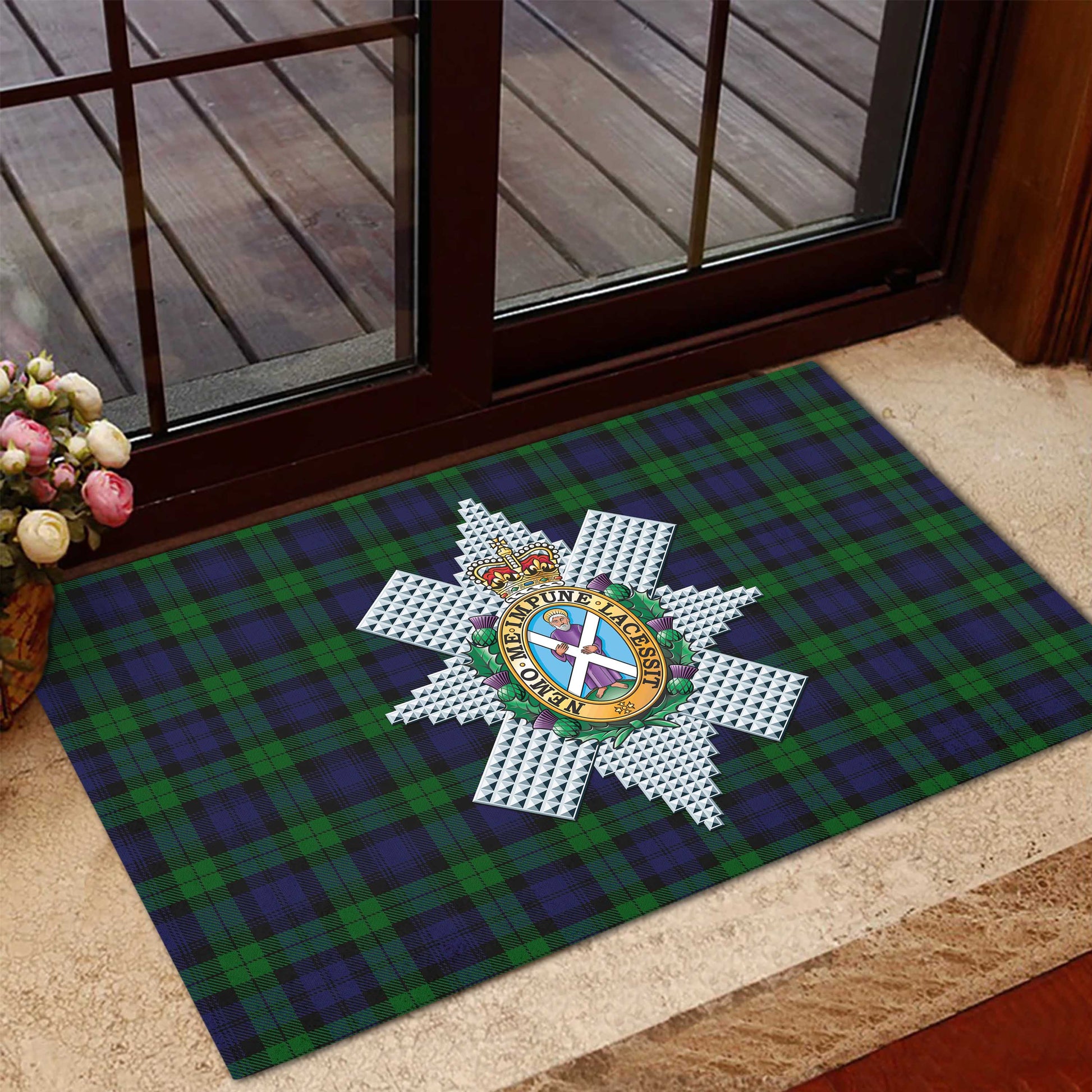 Black Watch Tartan Door Mat with Family Crest - Tartanvibesclothing