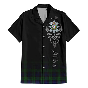 Black Watch Tartan Short Sleeve Button Up Shirt Featuring Alba Gu Brath Family Crest Celtic Inspired