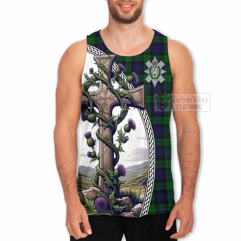 Tartan Vibes Clothing Black Watch Tartan Men's Tank Top with Family Crest and St. Andrew's Cross Accented by Thistle Vines