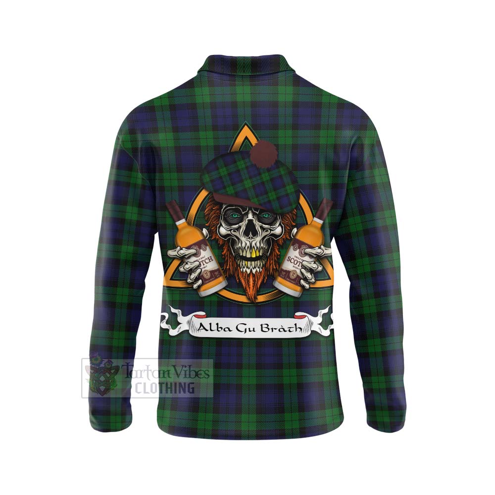 Tartan Vibes Clothing Black Watch Tartan Long Sleeve Polo Shirt with Family Crest and Bearded Skull Holding Bottles of Whiskey