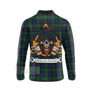 Black Watch Tartan Long Sleeve Polo Shirt with Family Crest and Bearded Skull Holding Bottles of Whiskey