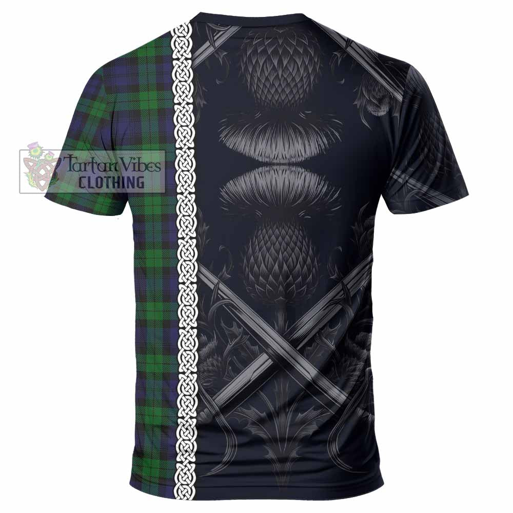 Tartan Vibes Clothing Black Watch Tartan T-Shirt with Family Crest Cross Sword Thistle Celtic Vibes