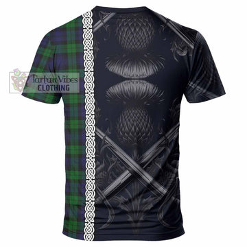 Black Watch Tartan T-Shirt with Family Crest Cross Sword Thistle Celtic Vibes