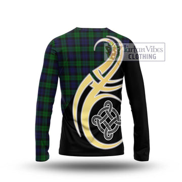 Black Watch Tartan Long Sleeve T-Shirt with Family Crest and Celtic Symbol Style