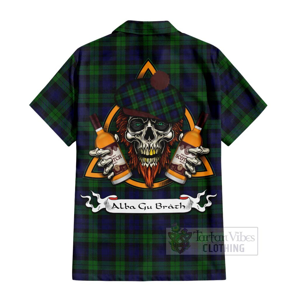 Tartan Vibes Clothing Black Watch Tartan Short Sleeve Button Shirt with Family Crest and Bearded Skull Holding Bottles of Whiskey