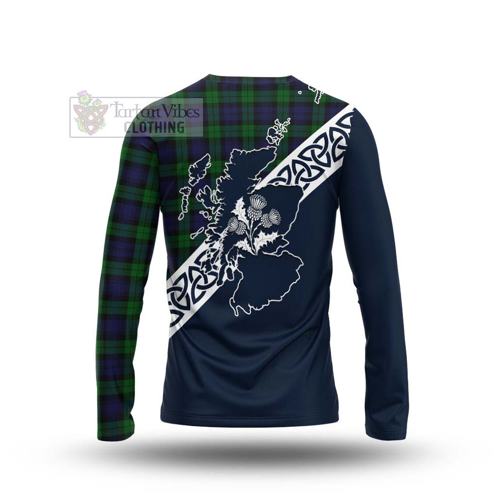 Tartan Vibes Clothing Black Watch Tartan Long Sleeve T-Shirt Featuring Thistle and Scotland Map