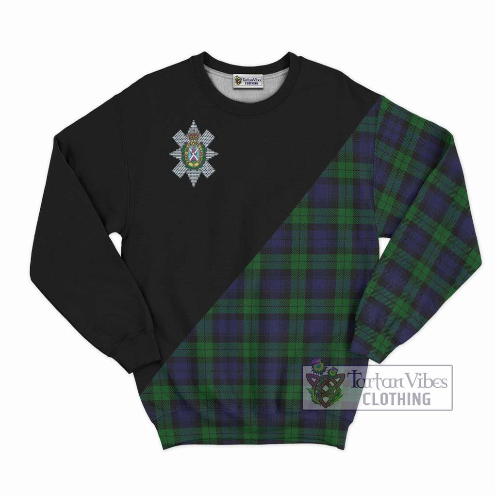 Black Watch Tartan Sweatshirt with Family Crest and Military Logo Style - Tartanvibesclothing Shop