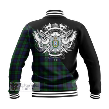 Black Watch Tartan Baseball Jacket with Family Crest and Military Logo Style