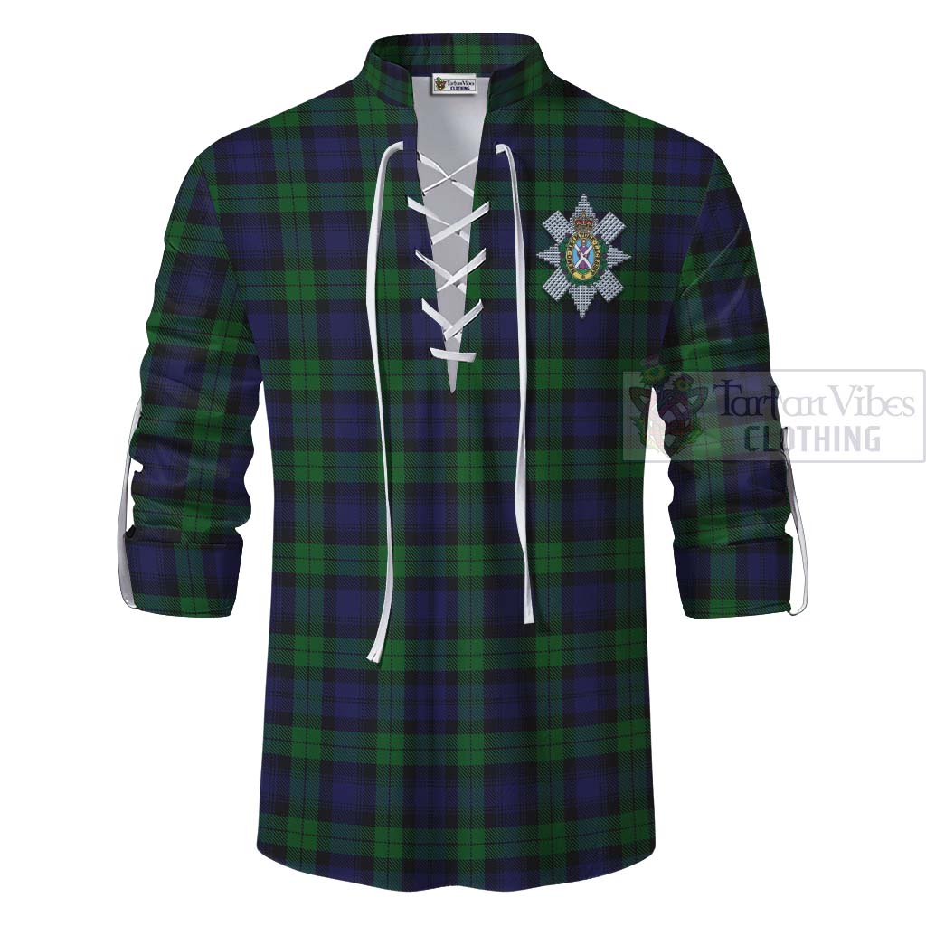 Tartan Vibes Clothing Black Watch Tartan Ghillie Kilt Shirt with Family Crest Celtic Skull Style