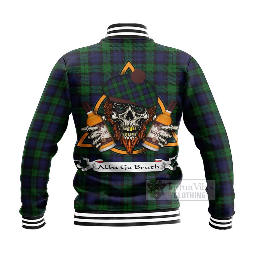 Tartan Vibes Clothing Black Watch Tartan Baseball Jacket with Family Crest and Bearded Skull Holding Bottles of Whiskey