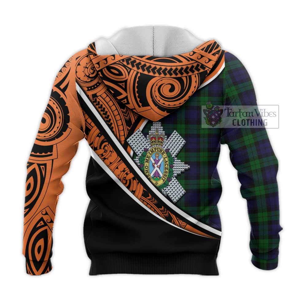 Tartan Vibes Clothing Black Watch Crest Tartan Knitted Hoodie with Maori Tattoo Style - Orange Version