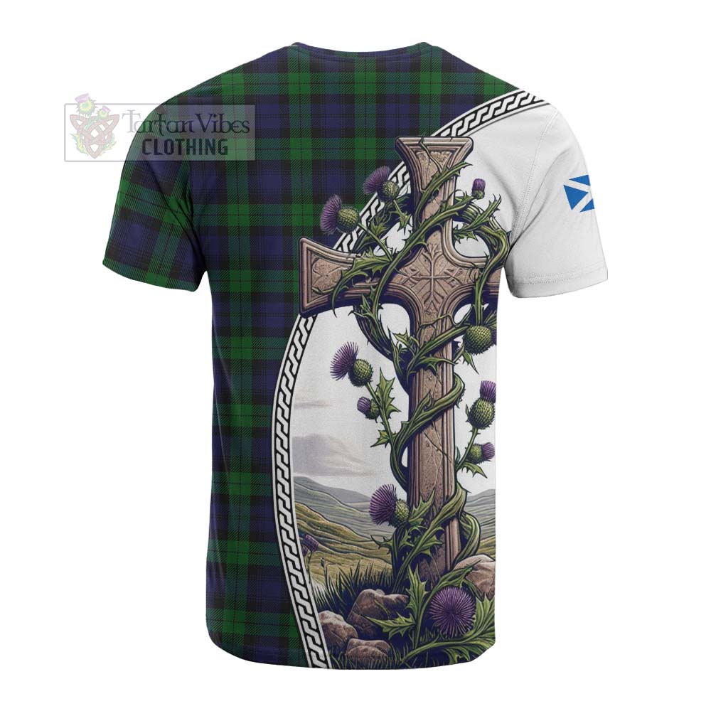 Tartan Vibes Clothing Black Watch Tartan Cotton T-shirt with Family Crest and St. Andrew's Cross Accented by Thistle Vines