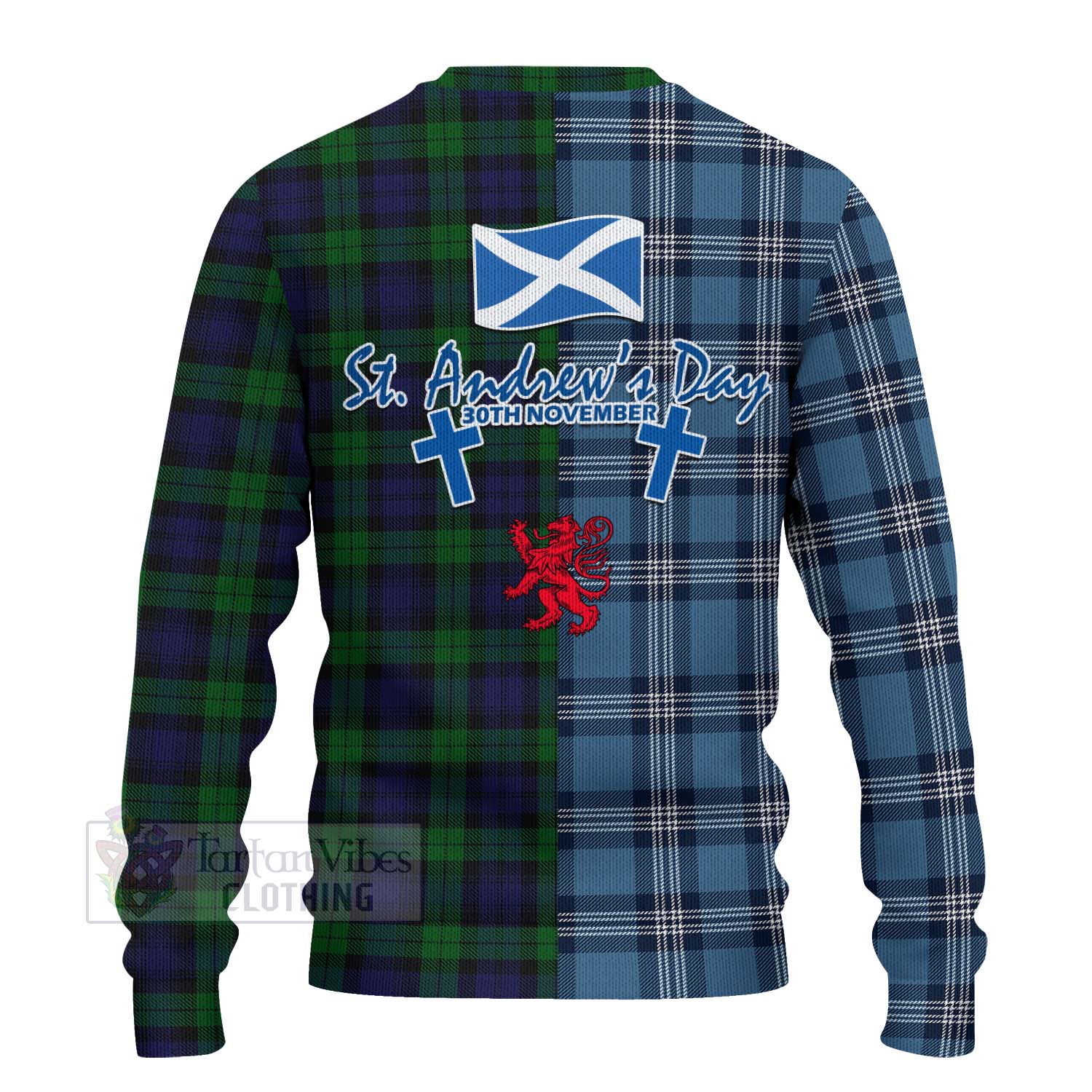 Tartan Vibes Clothing Black Watch Tartan Knitted Sweater Happy St. Andrew's Day Half Tartan Style