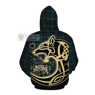 Black Watch Tartan Cotton Hoodie with Family Crest Celtic Wolf Style