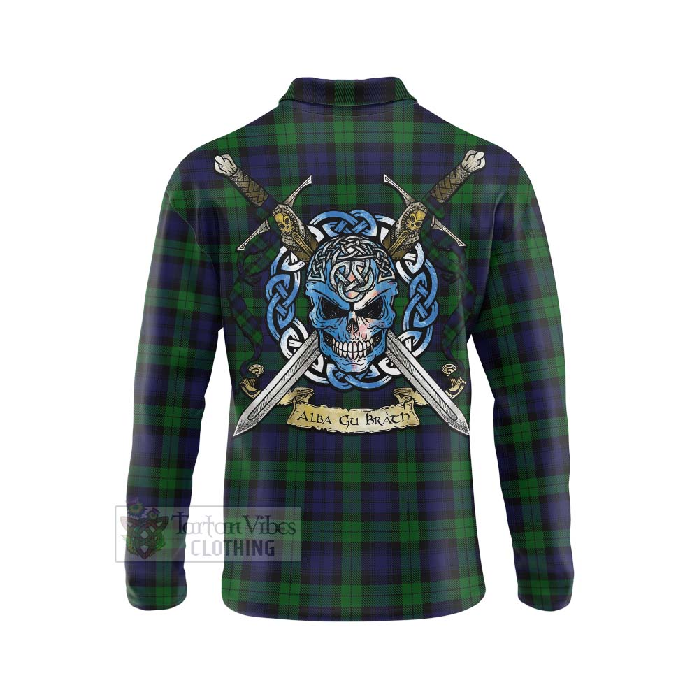 Tartan Vibes Clothing Black Watch Tartan Long Sleeve Polo Shirt with Family Crest Celtic Skull Style