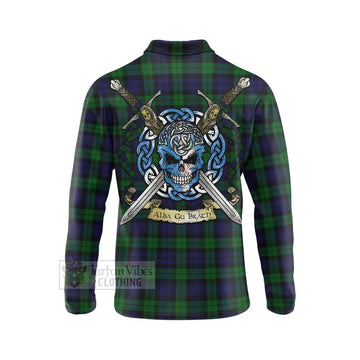 Black Watch Tartan Long Sleeve Polo Shirt with Family Crest Celtic Skull Style