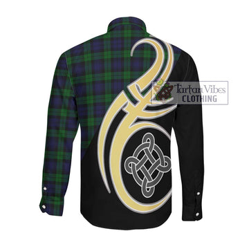 Black Watch Tartan Long Sleeve Button Shirt with Family Crest and Celtic Symbol Style