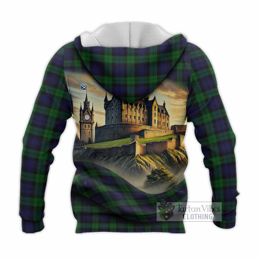 Black Watch Tartan Family Crest Knitted Hoodie with Scottish Ancient Castle Style - Tartan Vibes Clothing