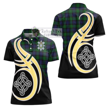 Black Watch Tartan Women's Polo Shirt with Family Crest and Celtic Symbol Style