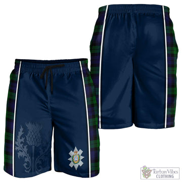 Black Watch Tartan Men's Shorts with Family Crest and Scottish Thistle Vibes Sport Style