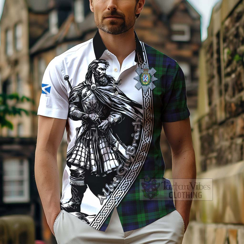 Tartan Vibes Clothing Black Watch Tartan Clan Crest Short Sleeve Button Shirt with Highlander Warrior Celtic Style