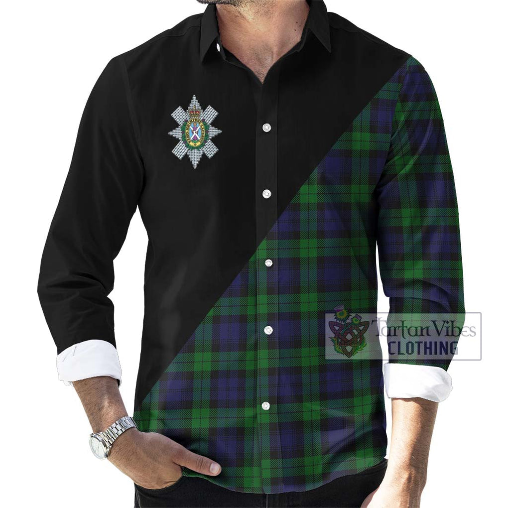 Black Watch Tartan Long Sleeve Button Shirt with Family Crest and Military Logo Style - Tartanvibesclothing Shop