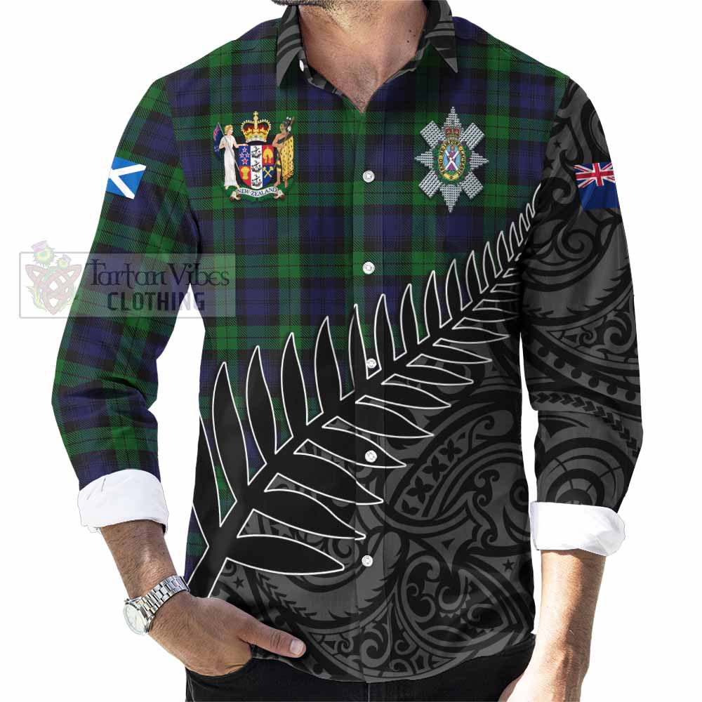 Tartan Vibes Clothing Black Watch Crest Tartan Long Sleeve Button Shirt with New Zealand Silver Fern Half Style