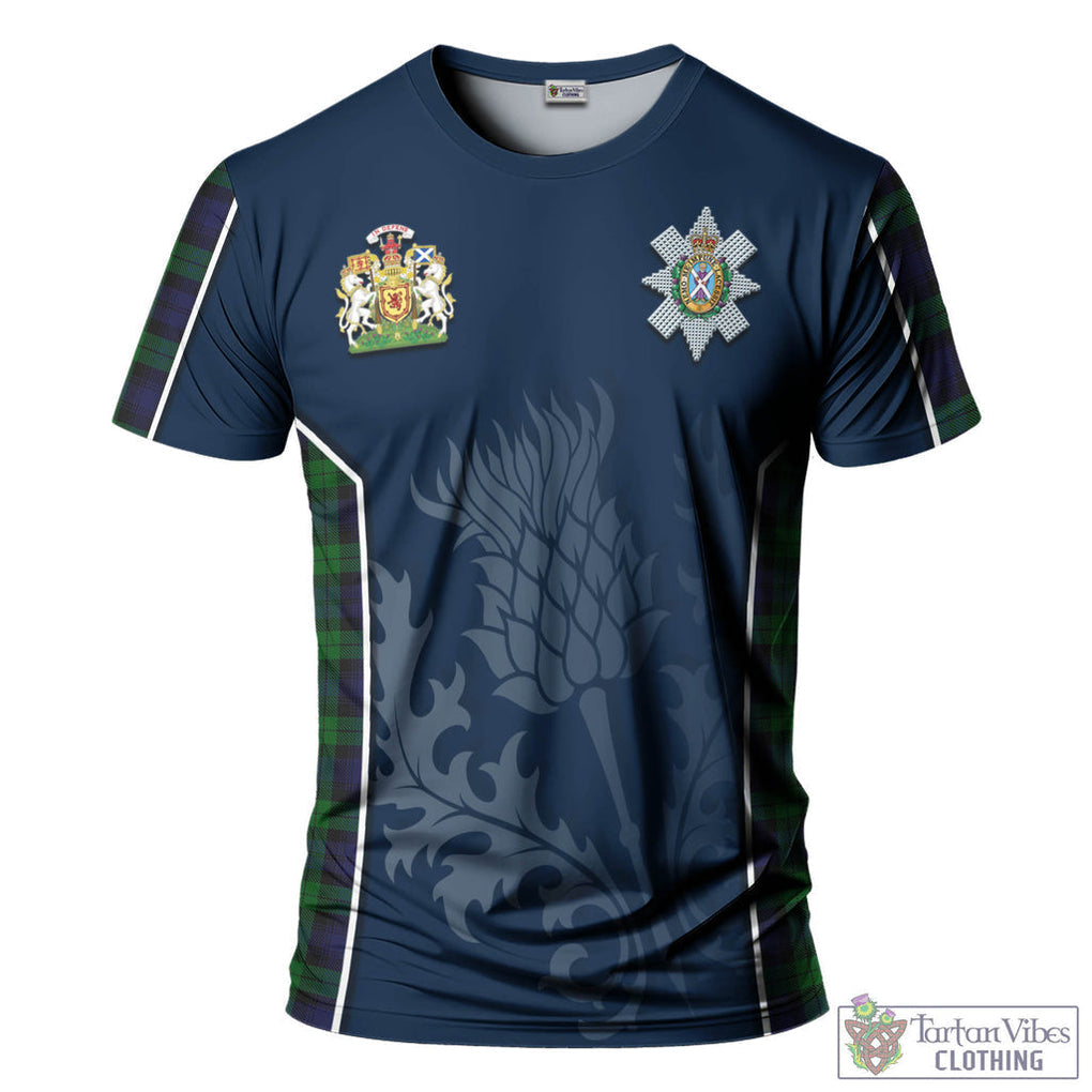 Tartan Vibes Clothing Black Watch Tartan T-Shirt with Family Crest and Scottish Thistle Vibes Sport Style