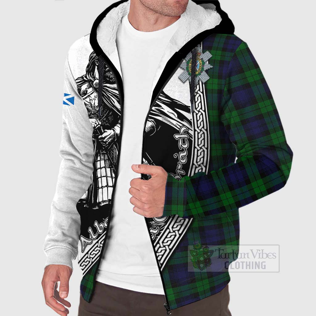 Tartan Vibes Clothing Black Watch Tartan Clan Crest Sherpa Hoodie with Highlander Warrior Celtic Style