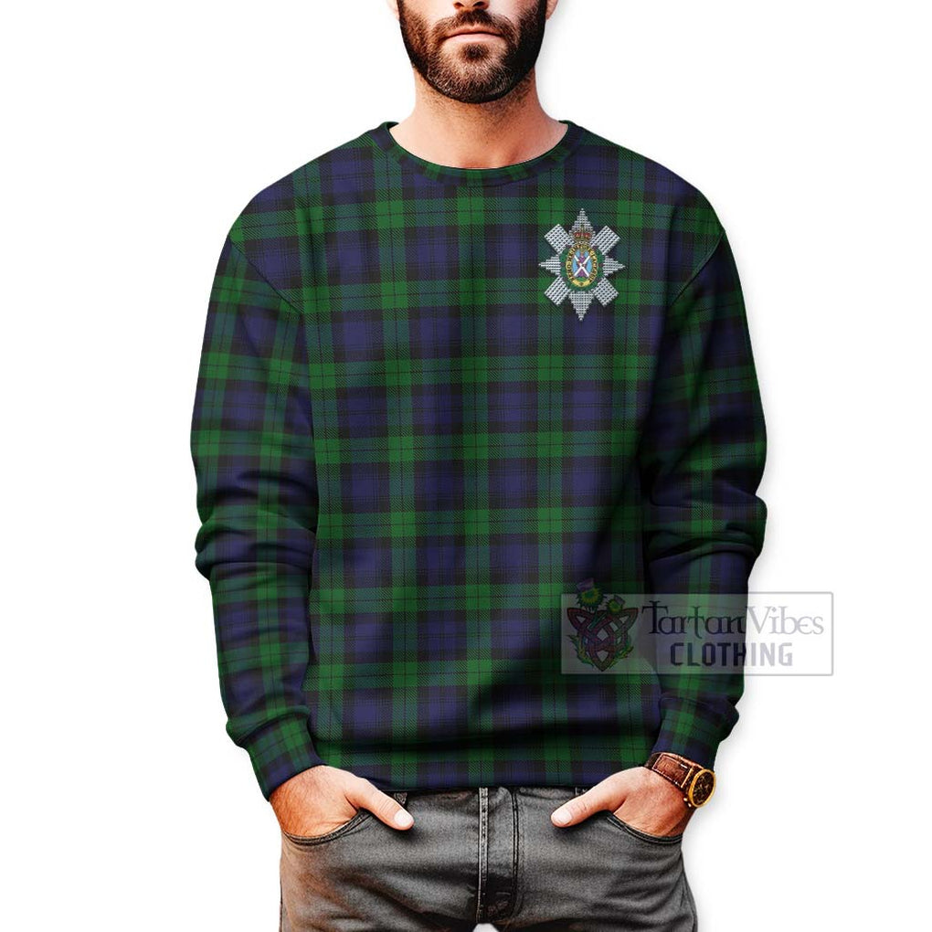 Tartan Vibes Clothing Black Watch Tartan Sweatshirt with Family Crest and Bearded Skull Holding Bottles of Whiskey