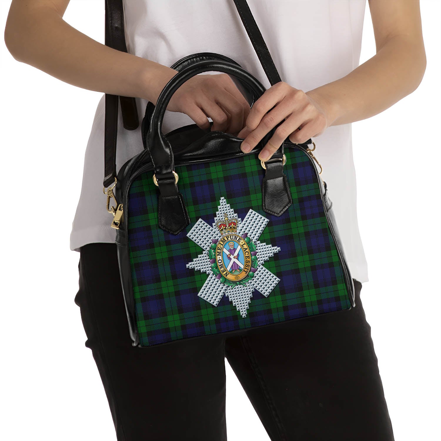 Black Watch Tartan Shoulder Handbags with Family Crest - Tartanvibesclothing